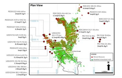 Figure 5: Plutonic Historical Significant Intercepts and Targeted Indian Access Area (Plan View) (CNW Group/Superior Gold) Figure 5: Plutonic Historical Significant Intercepts and Targeted Indian Access Area (Plan View) (CNW Group/Superior Gold)